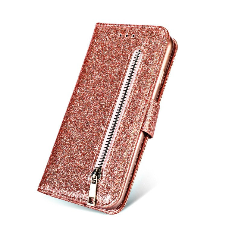 Flash Powder Zippered Stand Leather Wallet Case with Stra[Fingerprint Unlock] for Samsung Galaxy Note 10 Plus/10 Plus 5G - Rose Gold
