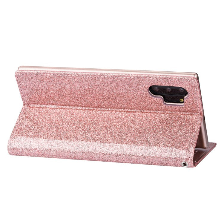 Flash Powder Zippered Stand Leather Wallet Case with Stra[Fingerprint Unlock] for Samsung Galaxy Note 10 Plus/10 Plus 5G - Rose Gold