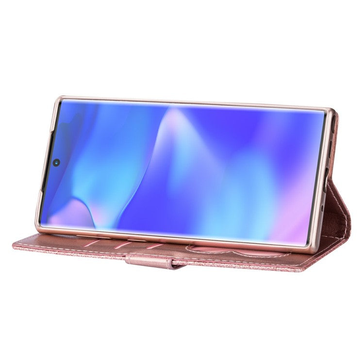 Flash Powder Zippered Stand Leather Wallet Case with Stra[Fingerprint Unlock] for Samsung Galaxy Note 10 Plus/10 Plus 5G - Rose Gold