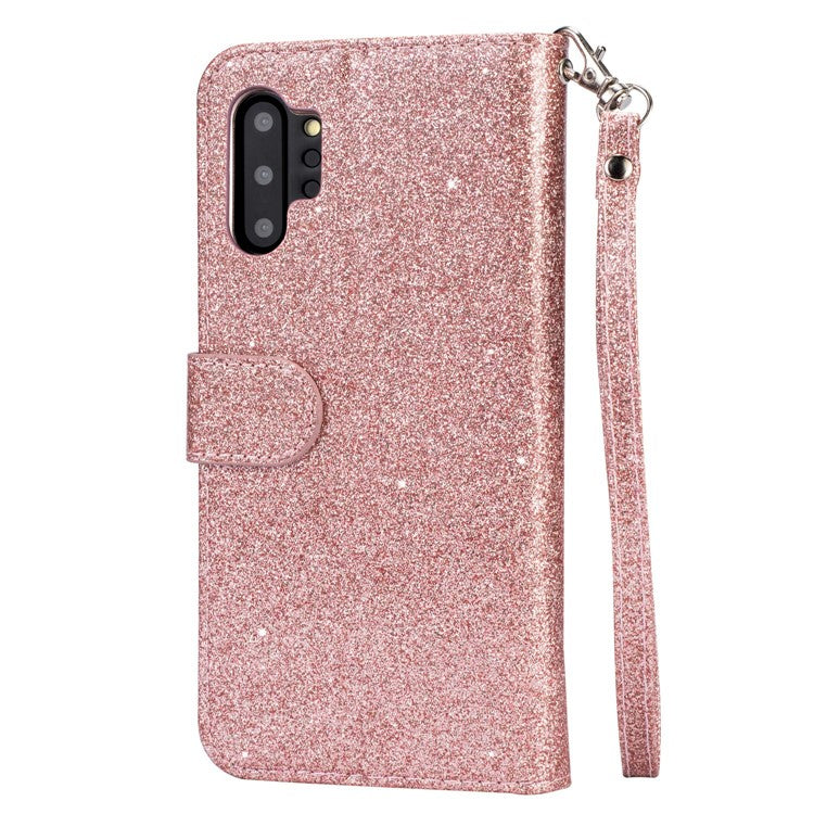 Flash Powder Zippered Stand Leather Wallet Case with Stra[Fingerprint Unlock] for Samsung Galaxy Note 10 Plus/10 Plus 5G - Rose Gold