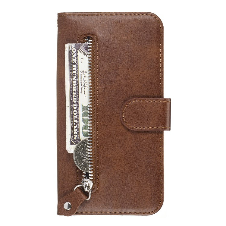 Zipper Pocket Wallet Stand Flip Leather Phone Shell for Samsung Galaxy A20e - Brown