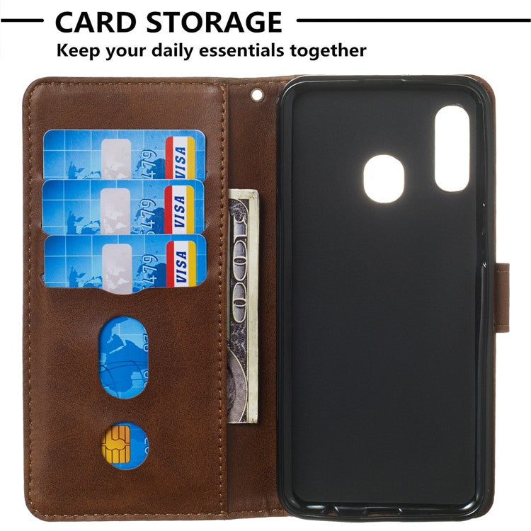 Zipper Pocket Wallet Stand Flip Leather Phone Shell for Samsung Galaxy A20e - Brown