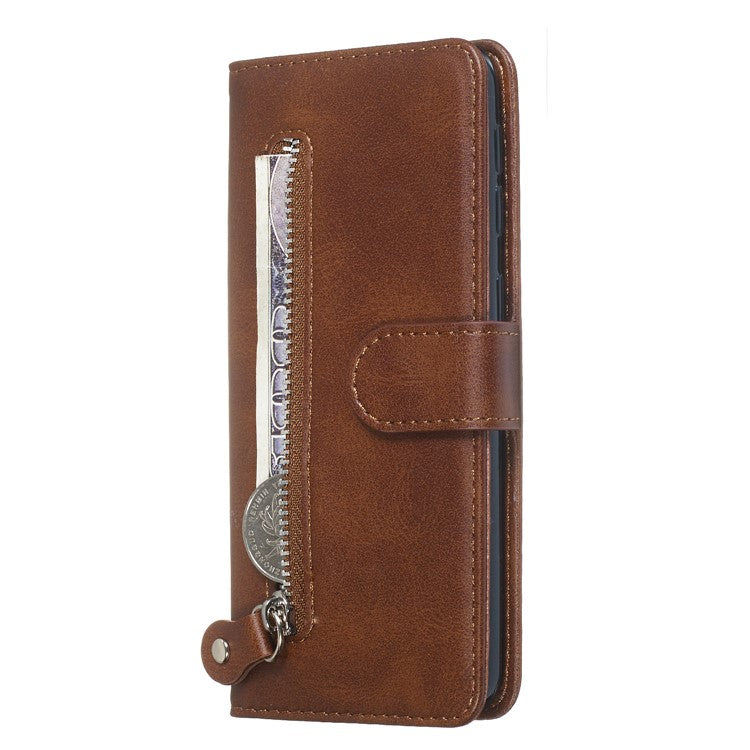 Zipper Pocket Wallet Stand Flip Leather Phone Shell for Samsung Galaxy A20e - Brown