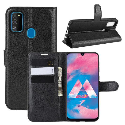 Litchi Skin Leather Stand Phone Shell Wallet Case for Samsung Galaxy M21 / M30s - Black