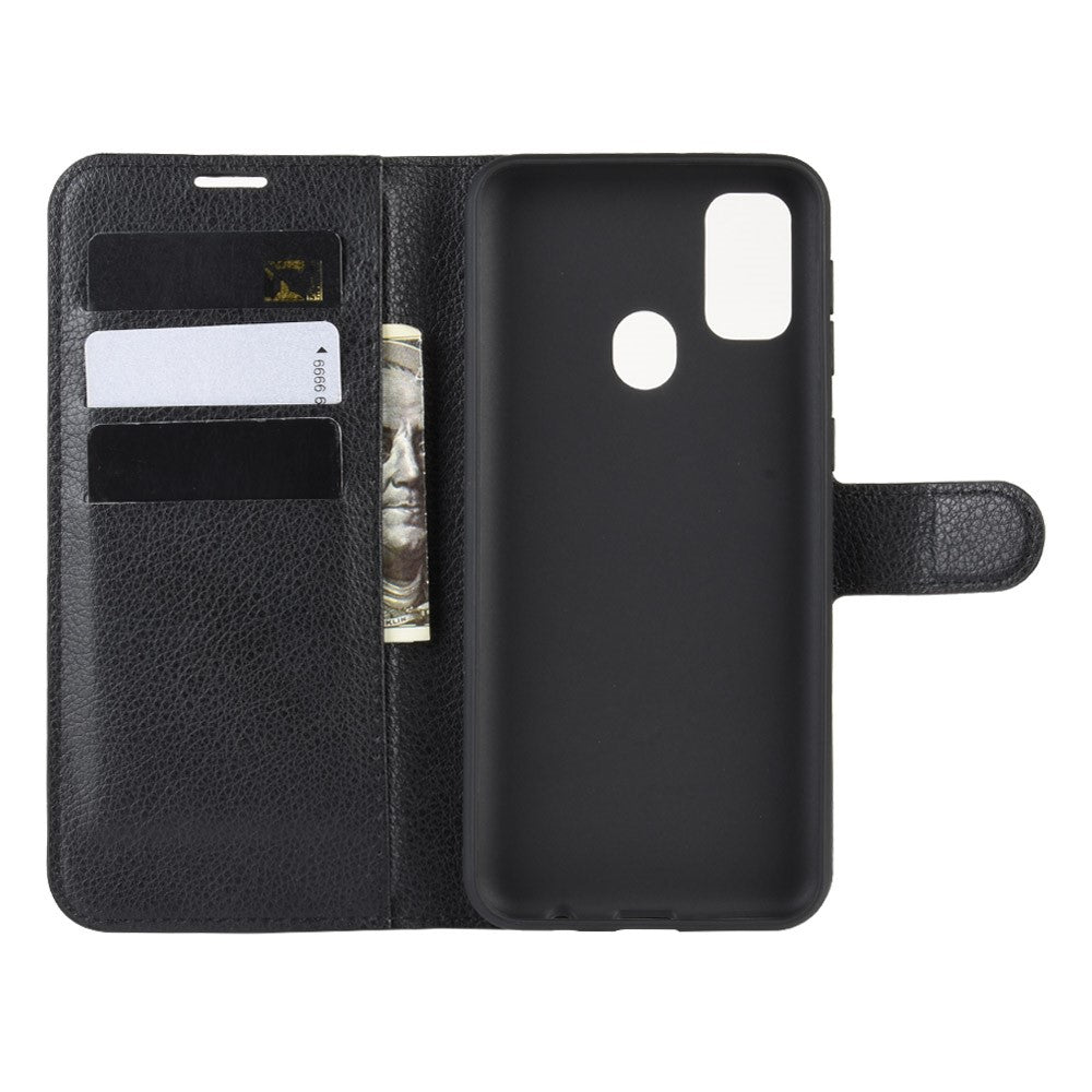 Litchi Skin Leather Stand Phone Shell Wallet Case for Samsung Galaxy M21 / M30s - Black
