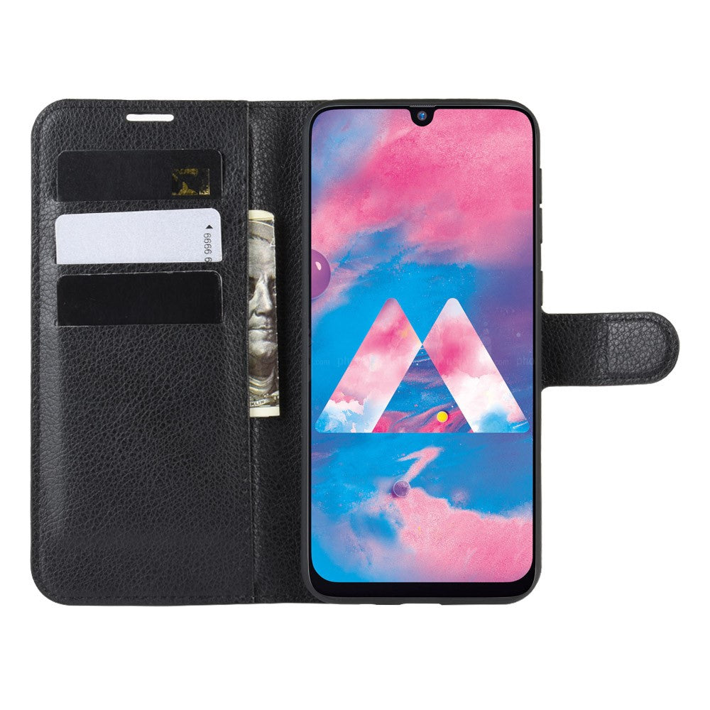 Litchi Skin Leather Stand Phone Shell Wallet Case for Samsung Galaxy M21 / M30s - Black