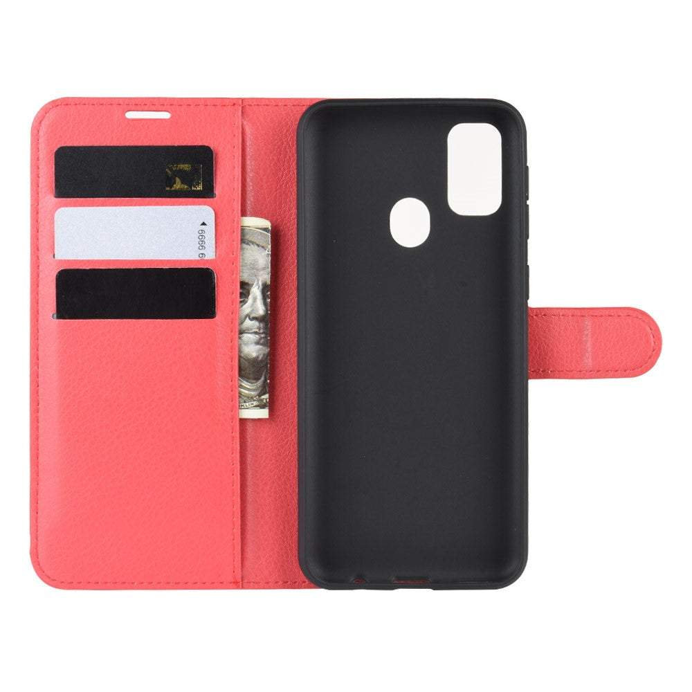 Litchi Skin Leather Stand Phone Shell Wallet Case for Samsung Galaxy M21 / M30s - Red