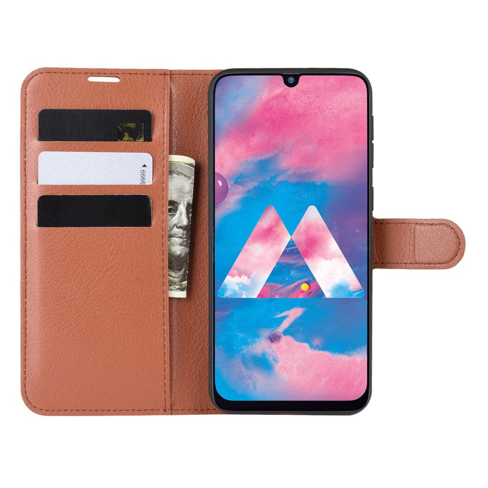 Litchi Skin Leather Stand Phone Shell Wallet Case for Samsung Galaxy M21 / M30s - Brown