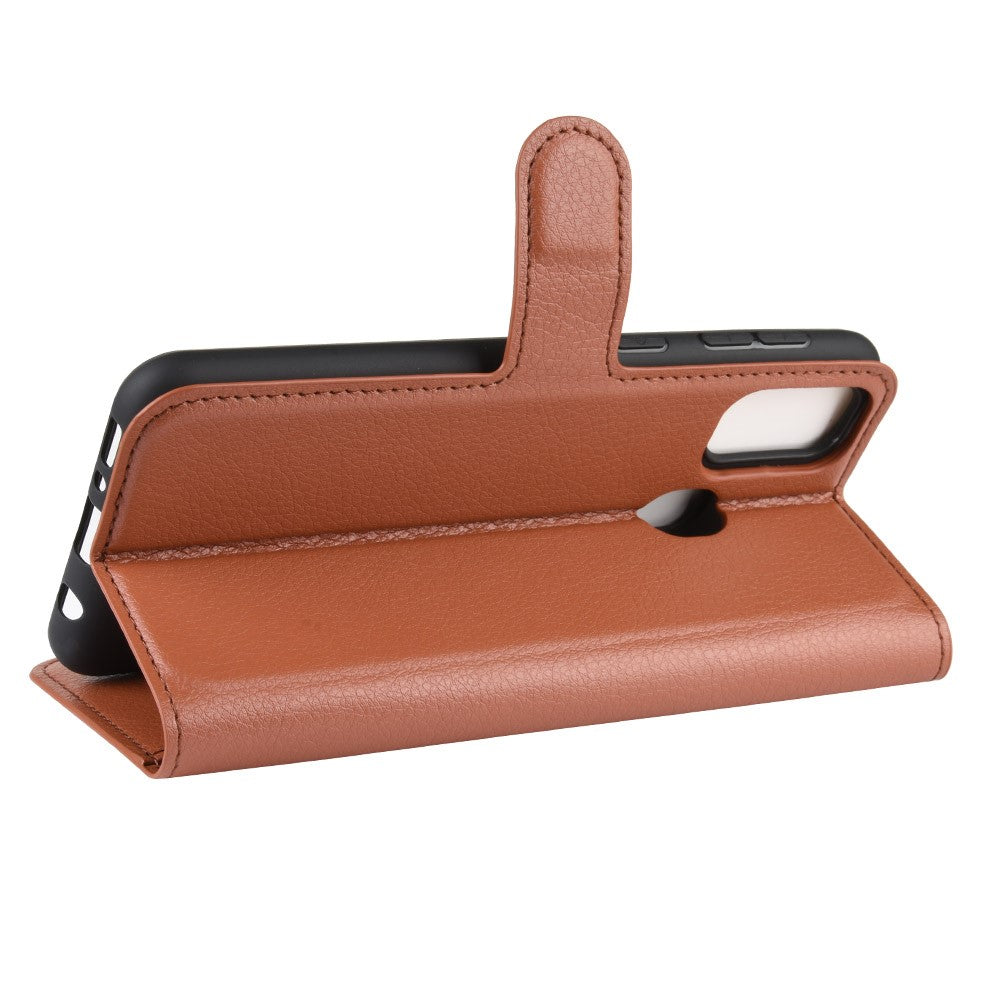 Litchi Skin Leather Stand Phone Shell Wallet Case for Samsung Galaxy M21 / M30s - Brown