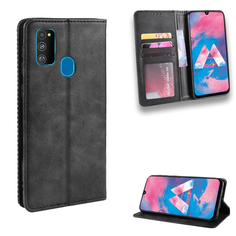 Retro Style Auto-absorbed Leather Casing for Samsung Galaxy M30s / M2 - Black
