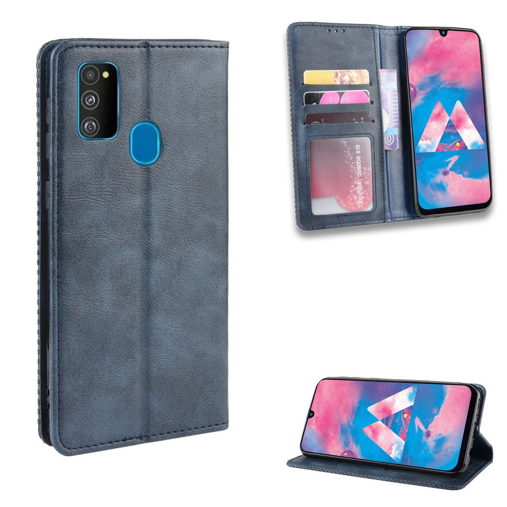 Retro Style Auto-absorbed Leather Casing for Samsung Galaxy M30s / M2 - Blue