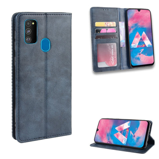 Retro Style Auto-absorbed Leather Casing for Samsung Galaxy M30s / M2 - Blue