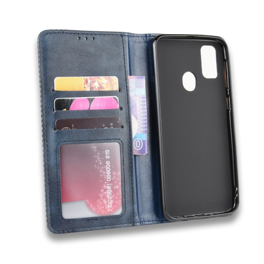 Retro Style Auto-absorbed Leather Casing for Samsung Galaxy M30s / M2 - Blue