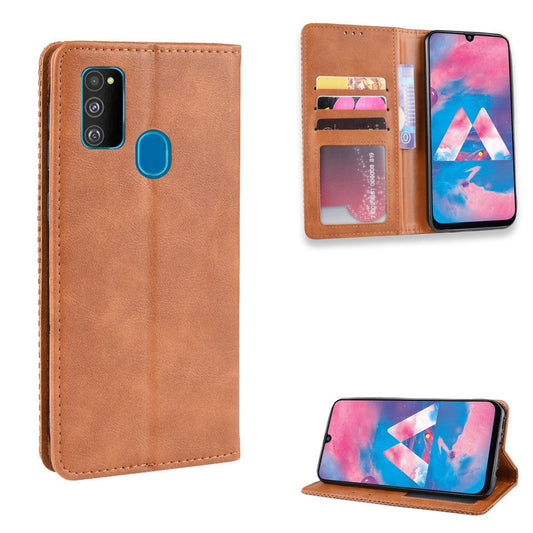 Retro Style Auto-absorbed Leather Casing for Samsung Galaxy M30s / M2 - Brown