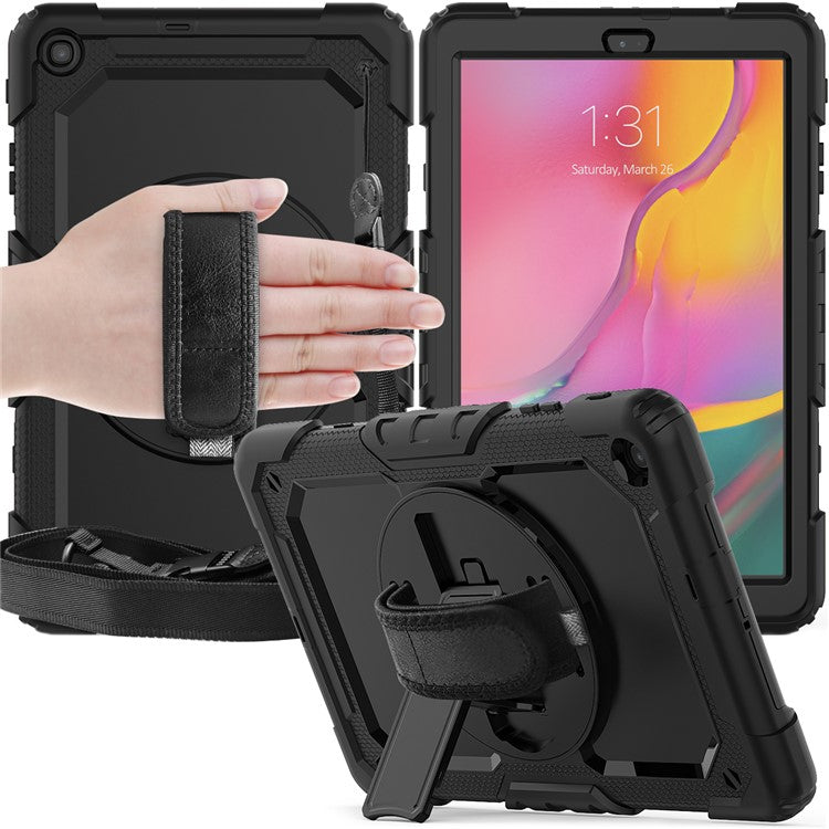 PC Silicone Kickstand Case with Strap Screen Protector for Samsung Galaxy Tab A 10.1 (2019) SM-T510/T515 - Black