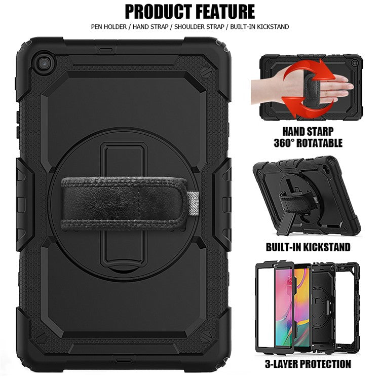 PC Silicone Kickstand Case with Strap Screen Protector for Samsung Galaxy Tab A 10.1 (2019) SM-T510/T515 - Black