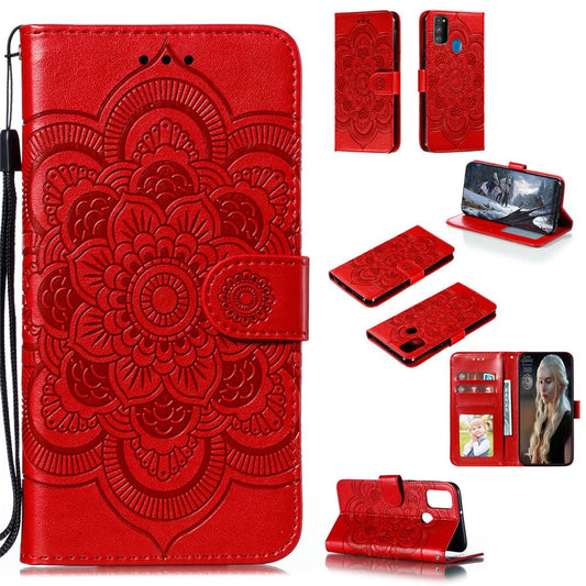 Imprint Mandala Flower Leather Wallet Stand Case for Samsung Galaxy M30s / M21 - Red