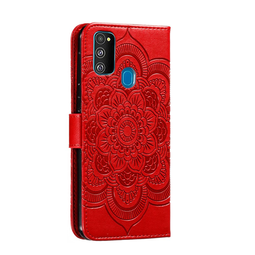 Imprint Mandala Flower Leather Wallet Stand Case for Samsung Galaxy M30s / M21 - Red