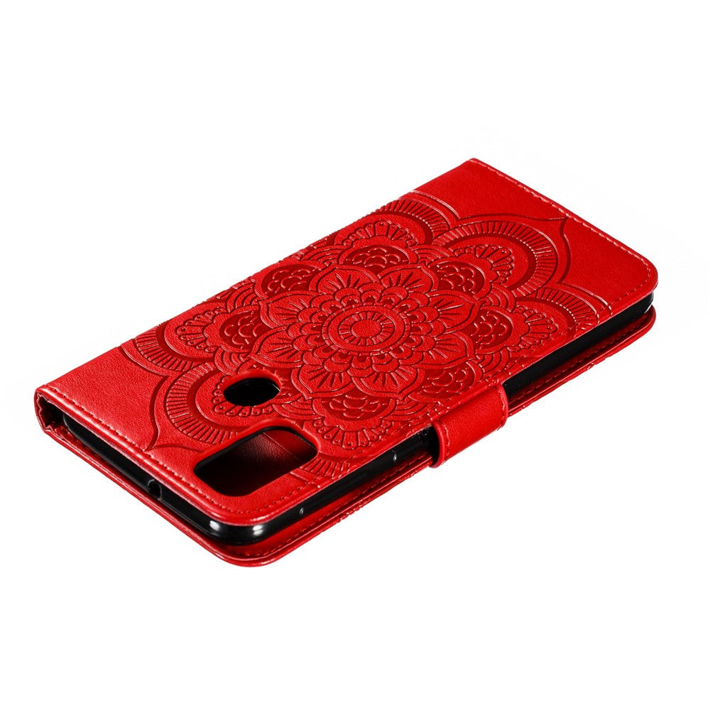 Imprint Mandala Flower Leather Wallet Stand Case for Samsung Galaxy M30s / M21 - Red