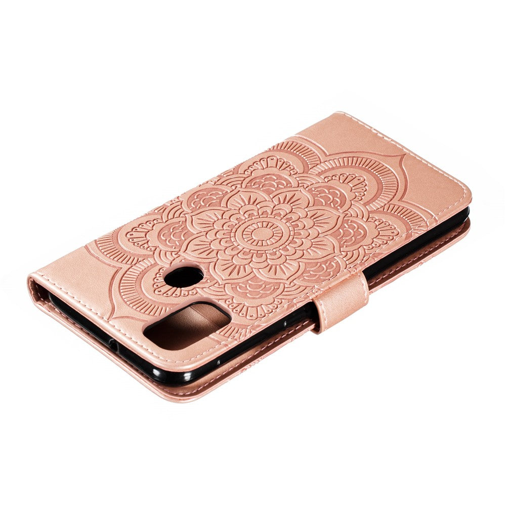Imprint Mandala Flower Leather Wallet Stand Case for Samsung Galaxy M30s / M21 - Rose Gold