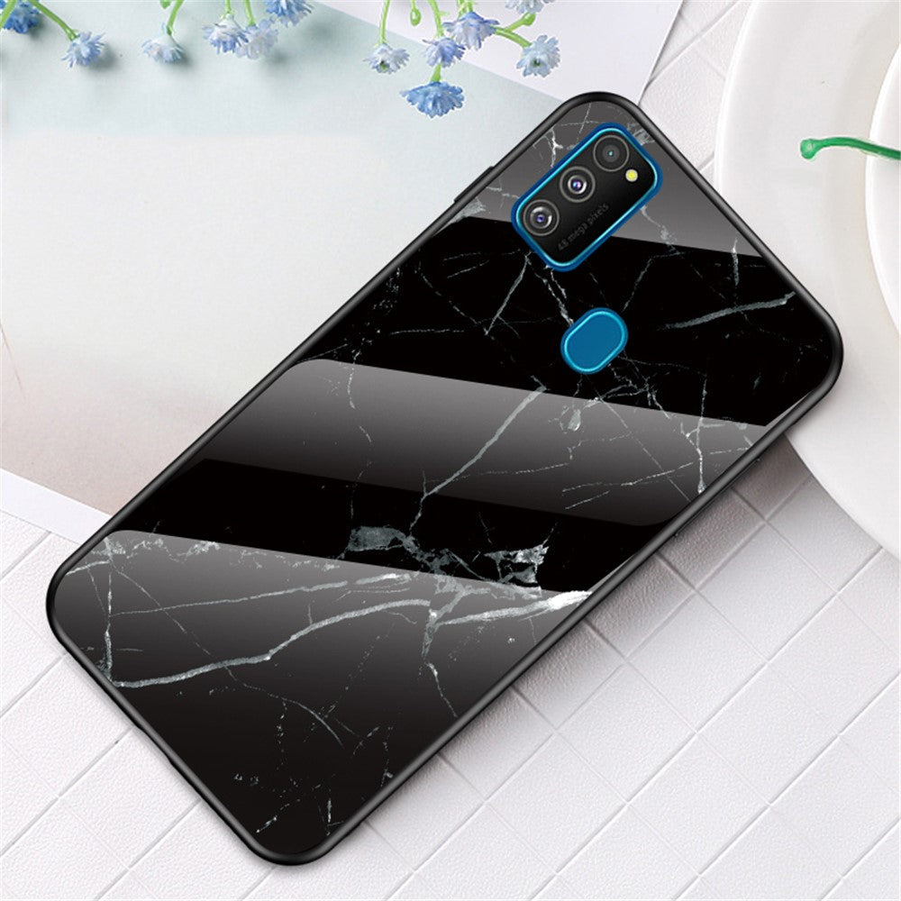 Marble Grain Pattern Tempered Glass PC + TPU Combo Case for Samsung Galaxy M30s/M21 - Black