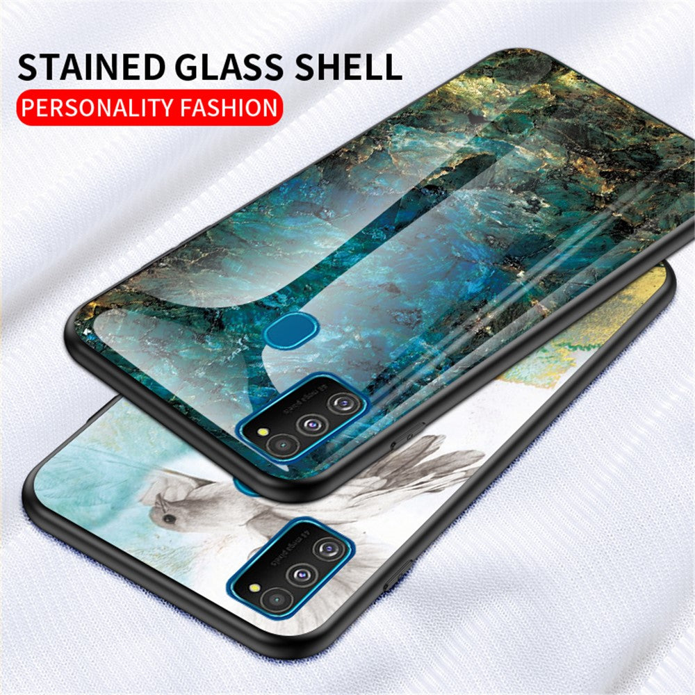 Marble Grain Pattern Tempered Glass PC + TPU Combo Case for Samsung Galaxy M30s/M21 - Emerald