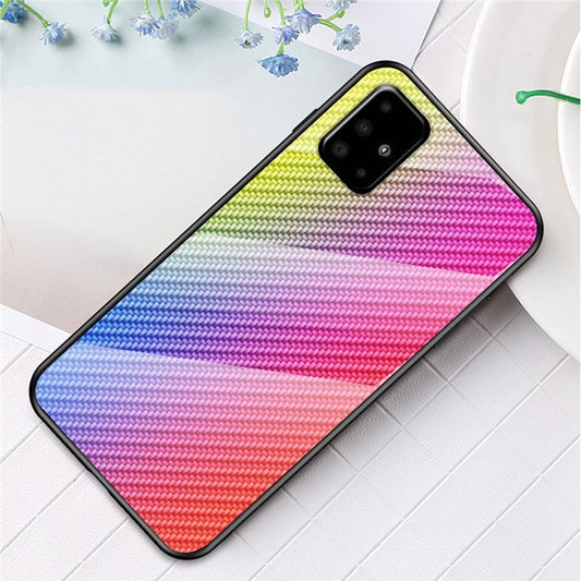 Carbon Fiber Texture Tempered Glass + PC + TPU Combo Casing for Samsung Galaxy A51 - Colorful Fiber