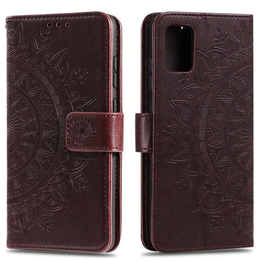 Imprint Flower Leather Wallet Phone Casing for Samsung Galaxy A71 - Coffee