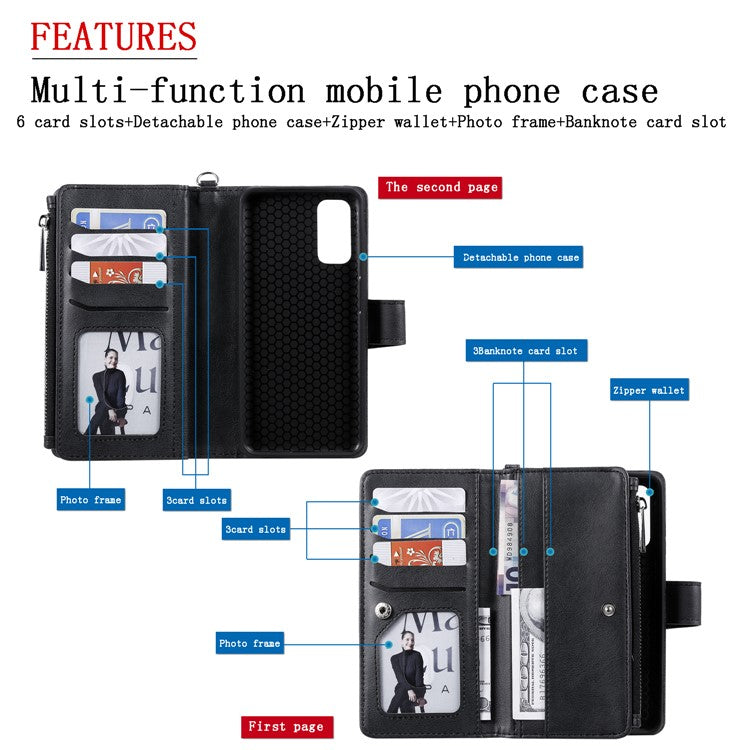Magnetic KT Leather Series-3 Detachable 2-in-1 Zipper Wallet Stand Leather Case for Samsung Galaxy S20 4G/S20 5G - Black