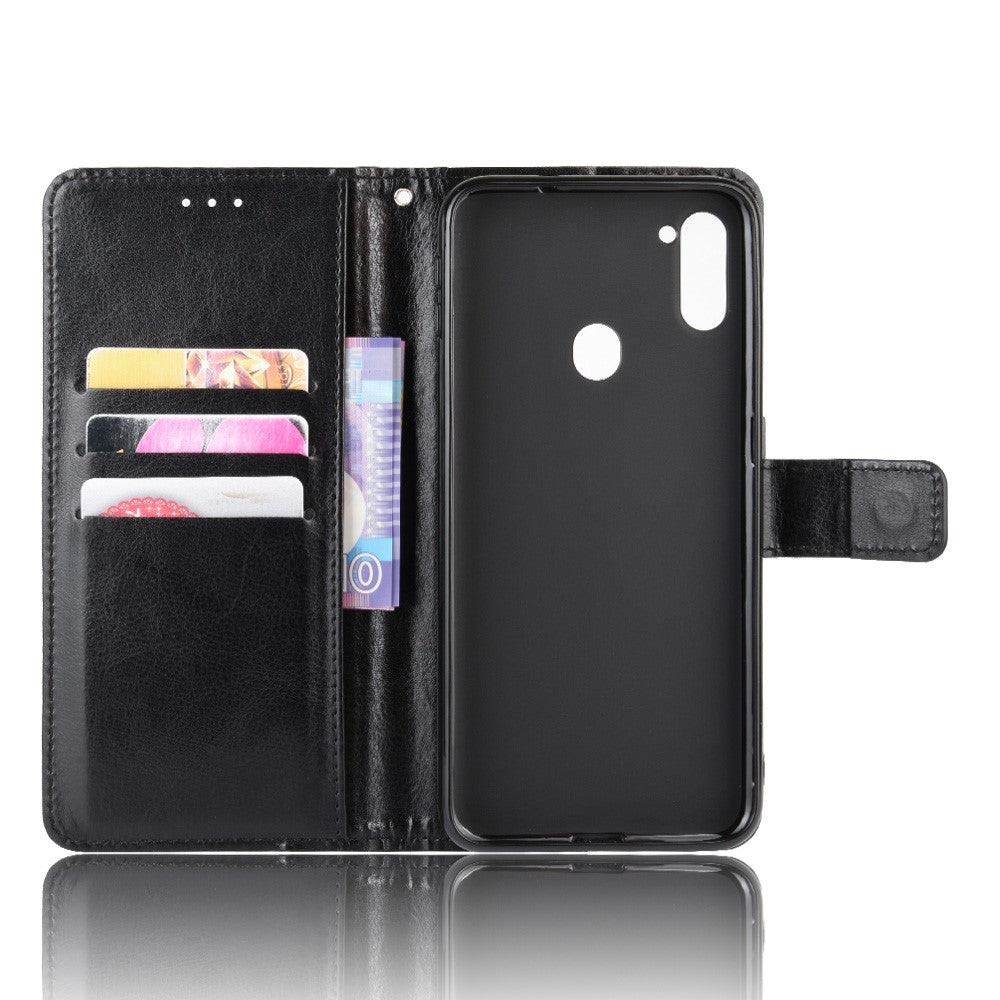 Crazy Horse Texture PU Leather Wallet Stand Cell Phone Shell for Samsung Galaxy M11 - Black