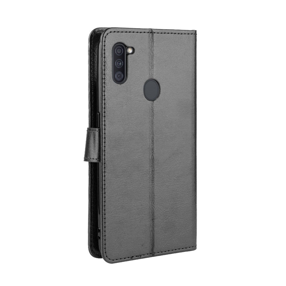 Crazy Horse Texture PU Leather Wallet Stand Cell Phone Shell for Samsung Galaxy M11 - Black