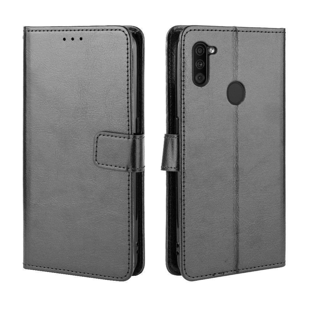 Crazy Horse Texture PU Leather Wallet Stand Cell Phone Shell for Samsung Galaxy M11 - Black