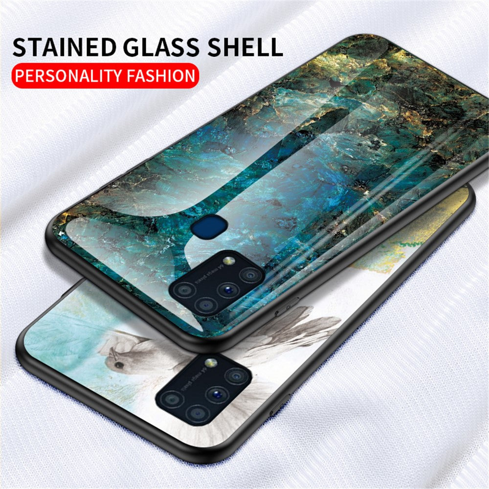 Marble Texture Tempered Glass + PC + TPU Hybrid Case for Samsung Galaxy M31 - Emerald