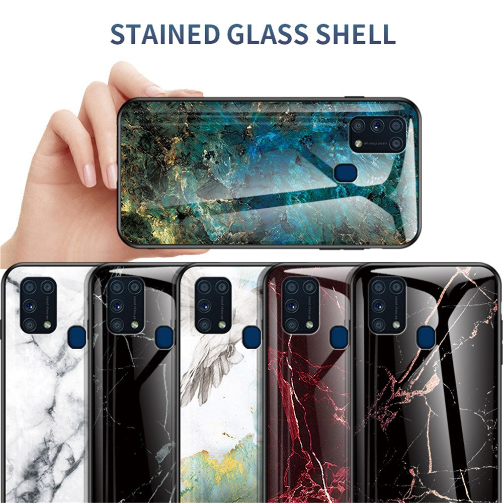 Marble Texture Tempered Glass + PC + TPU Hybrid Case for Samsung Galaxy M31 - Emerald