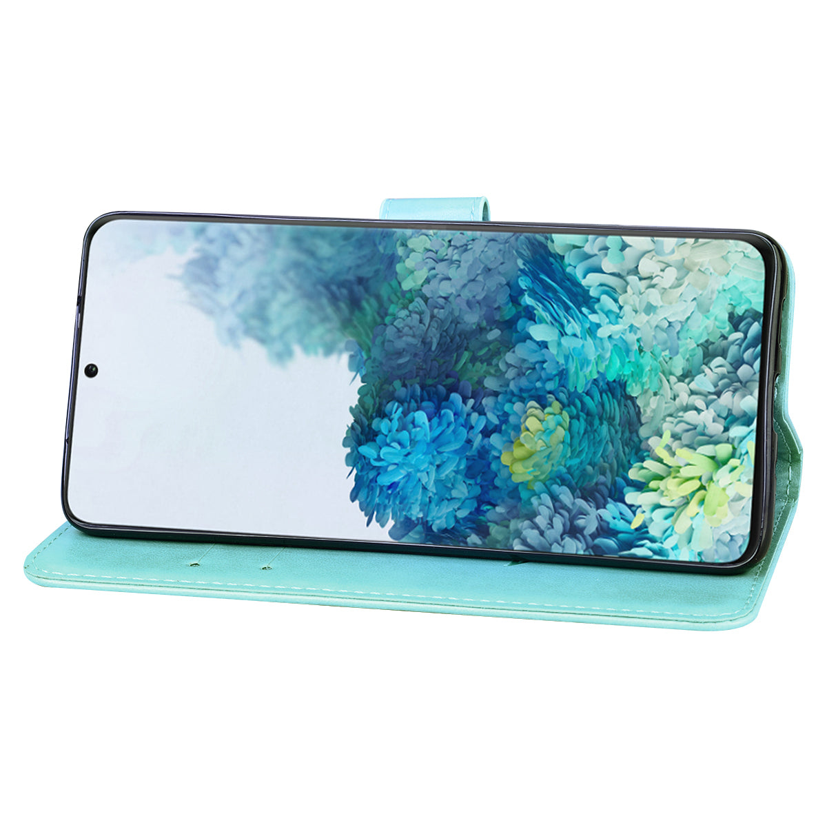 Imprint Rose Flower Magnetic Leather Wallet Mobile Shell for Samsung Galaxy S20 Plus - Cyan