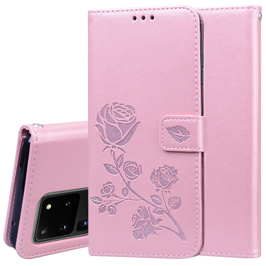 Imprint Rose Flower Leather Flip Case with Wallet for Samsung Galaxy S20 Ultra - Pink