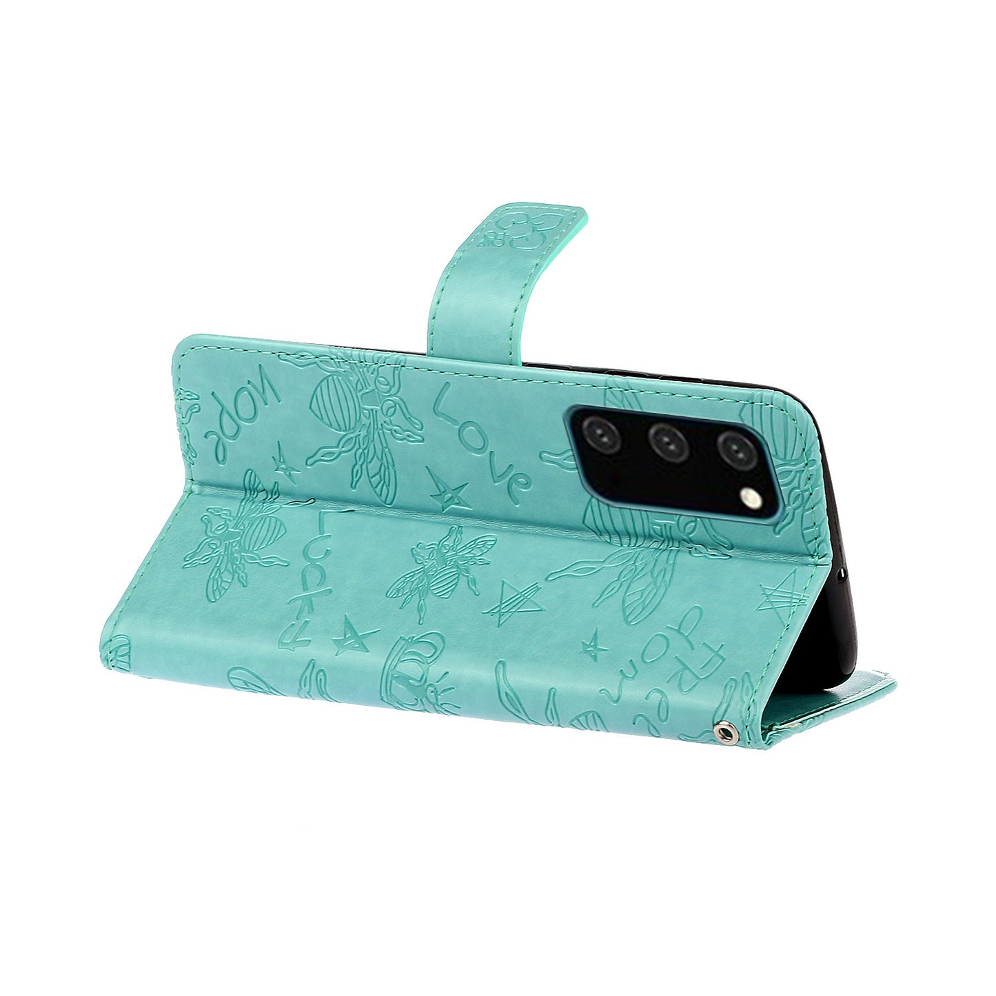 Imprint Bee TPU+PU Leather Wallet Case for Samsung Galaxy S20 Plus - Cyan