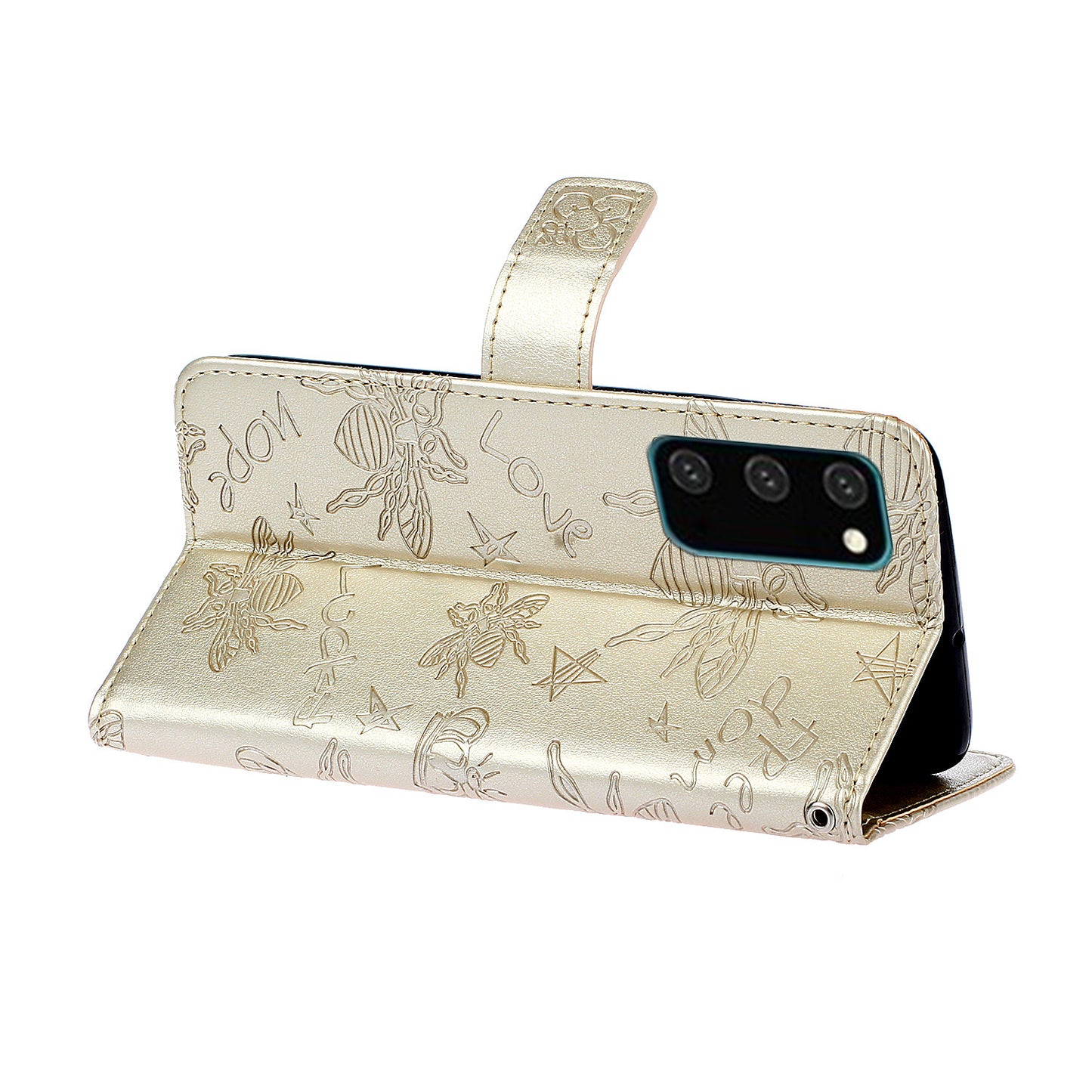 Imprint Bee TPU+PU Leather Wallet Case for Samsung Galaxy S20 Plus - Gold