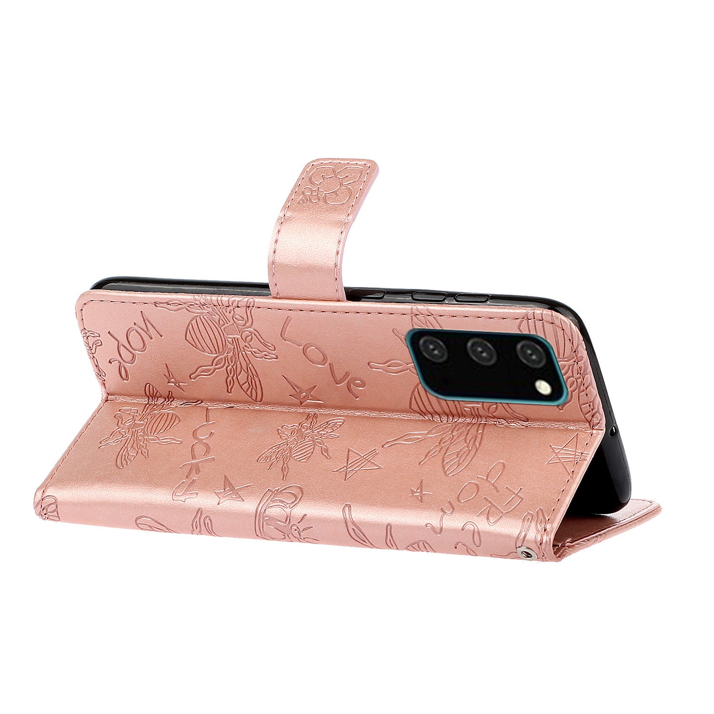 Imprint Bee TPU+PU Leather Wallet Case for Samsung Galaxy S20 Plus - Rose Gold
