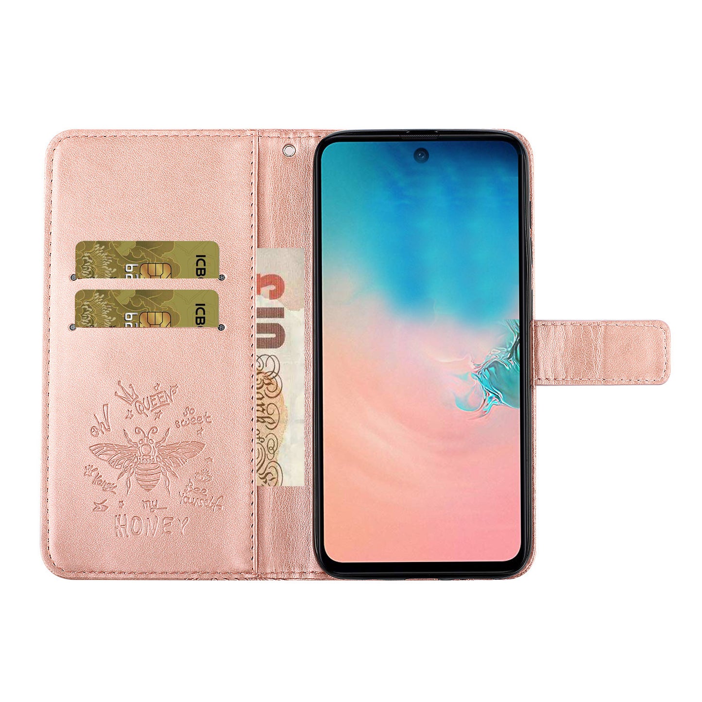 Imprint Bee TPU+PU Leather Wallet Case for Samsung Galaxy S20 Plus - Rose Gold