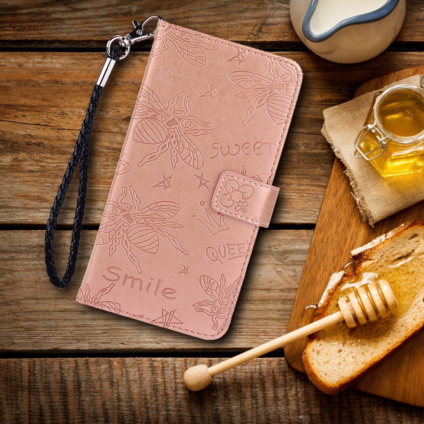 Imprint Bee TPU+PU Leather Wallet Case for Samsung Galaxy S20 Plus - Rose Gold