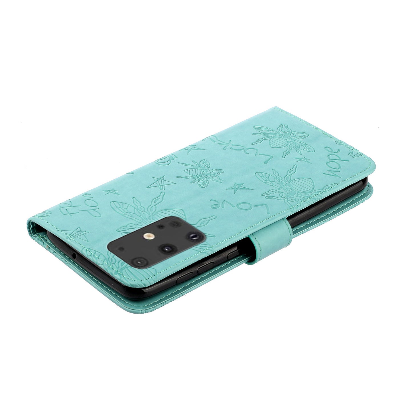 Imprint Bee TPU+PU Leather Wallet Phone Case for Samsung Galaxy S20 4G/S20 5G - Cyan