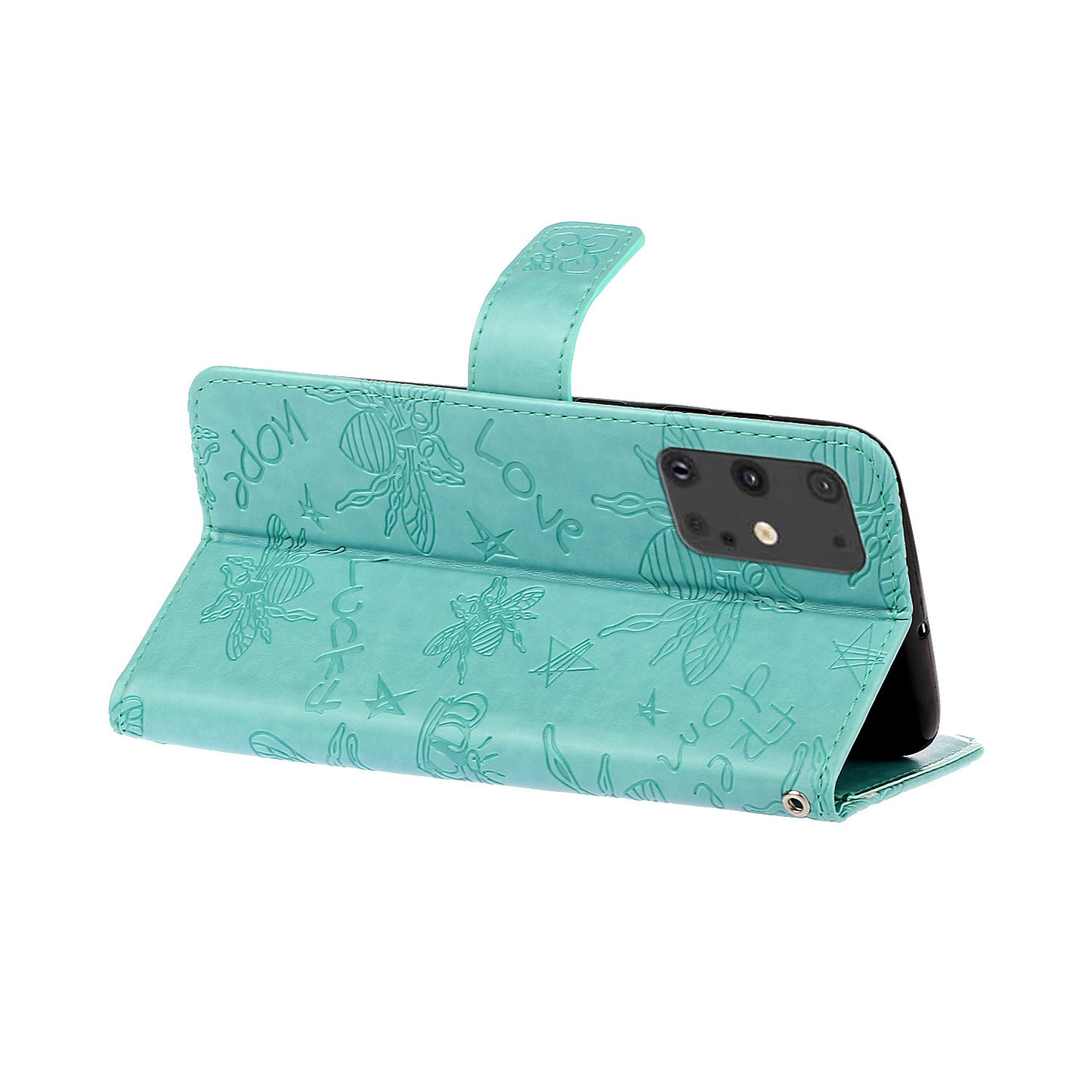 Imprint Bee TPU+PU Leather Wallet Phone Case for Samsung Galaxy S20 4G/S20 5G - Cyan