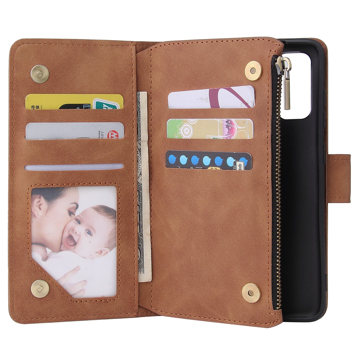 Zipper Pocket Multiple Card Slots Leather Stand Case for Samsung Galaxy S20 Plus / S20 Plus 5G - Brown