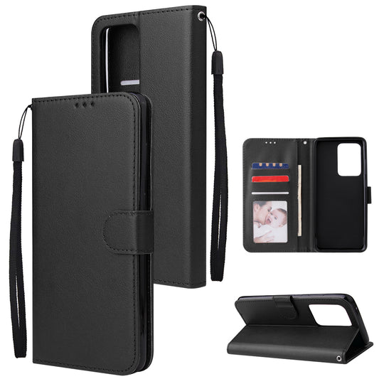 PU Leather Wallet Cell Phone Case with Lanyard for Samsung Galaxy S20 Ultra - Black