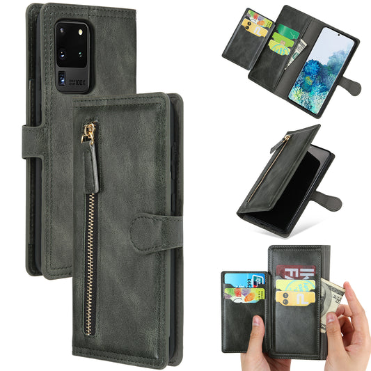 Zipper Pocket Wallet Stand Flip Leather Phone Cover Casing for Samsung Galaxy S20 Ultra - Grey