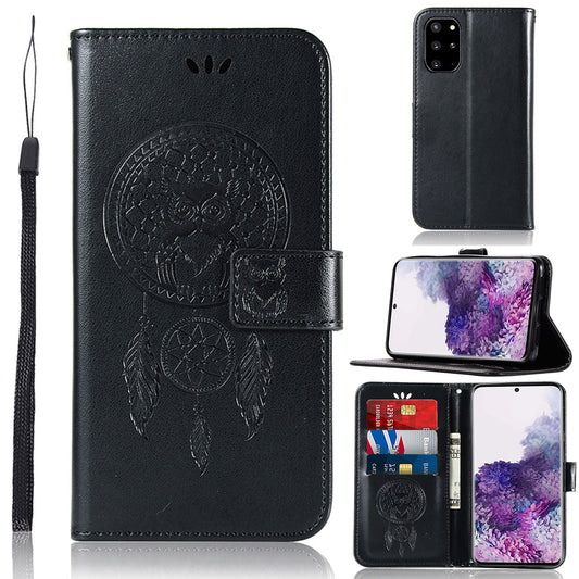 Imprinted Dream Catcher Owl Leather Wallet Stand Case for Samsung Galaxy S20 Plus - Black