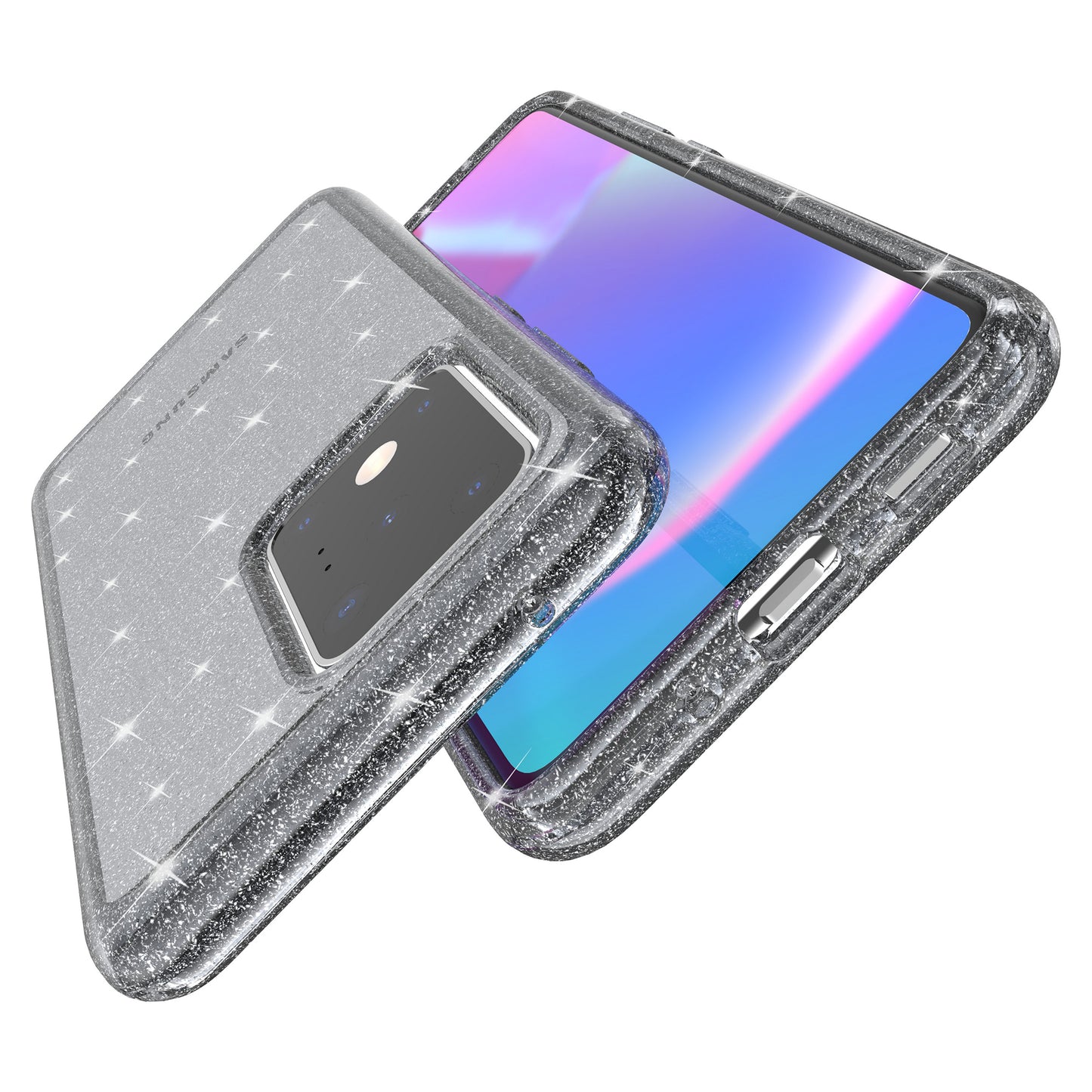 Glittery Powder PC TPU Hybrid Phone Case Covering for Samsung Galaxy S20 Ultra - Black