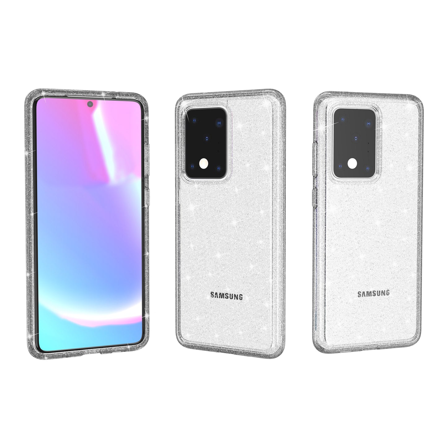 Glittery Powder PC TPU Hybrid Phone Case Covering for Samsung Galaxy S20 Ultra - Grey