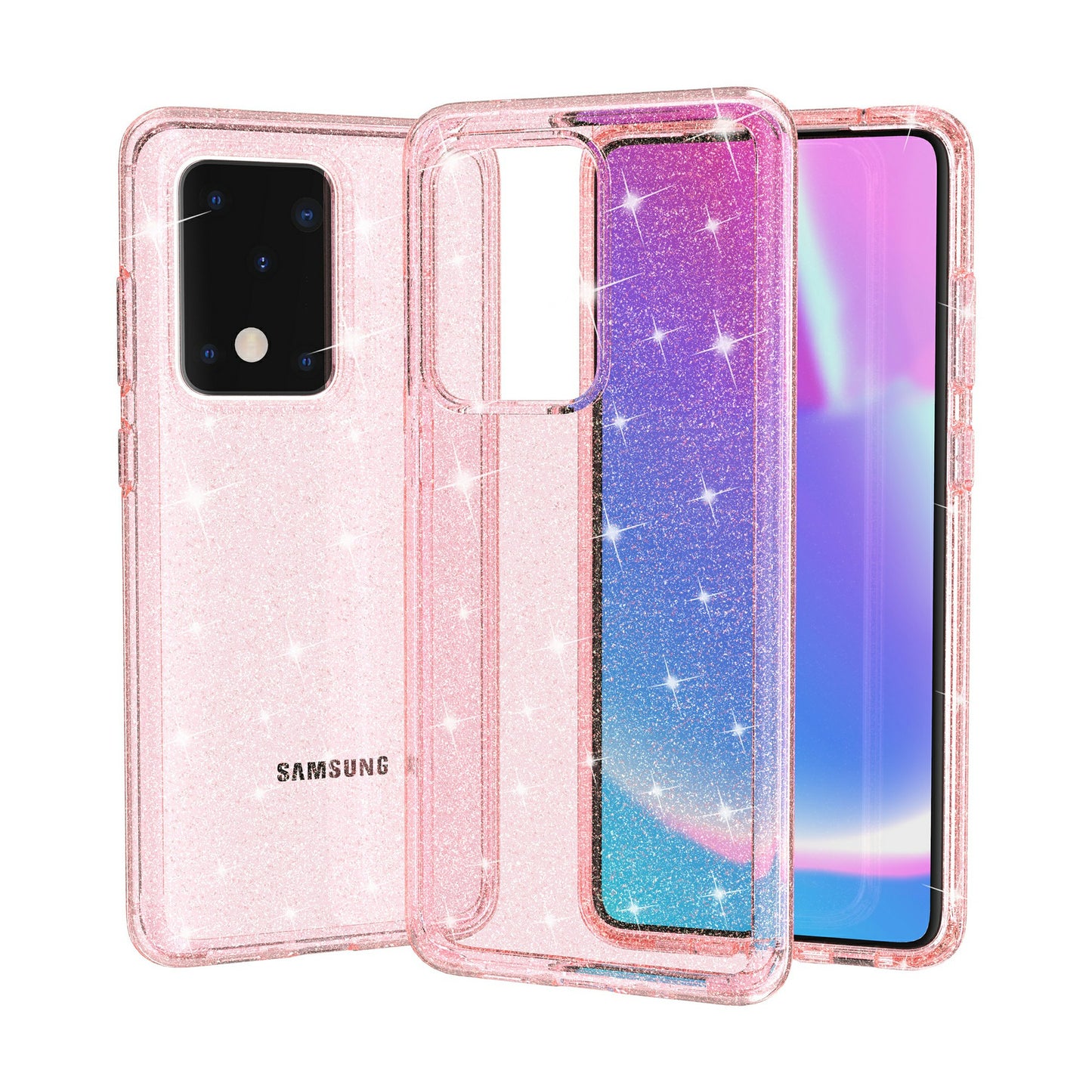 Glittery Powder PC TPU Hybrid Phone Case Covering for Samsung Galaxy S20 Ultra - Pink